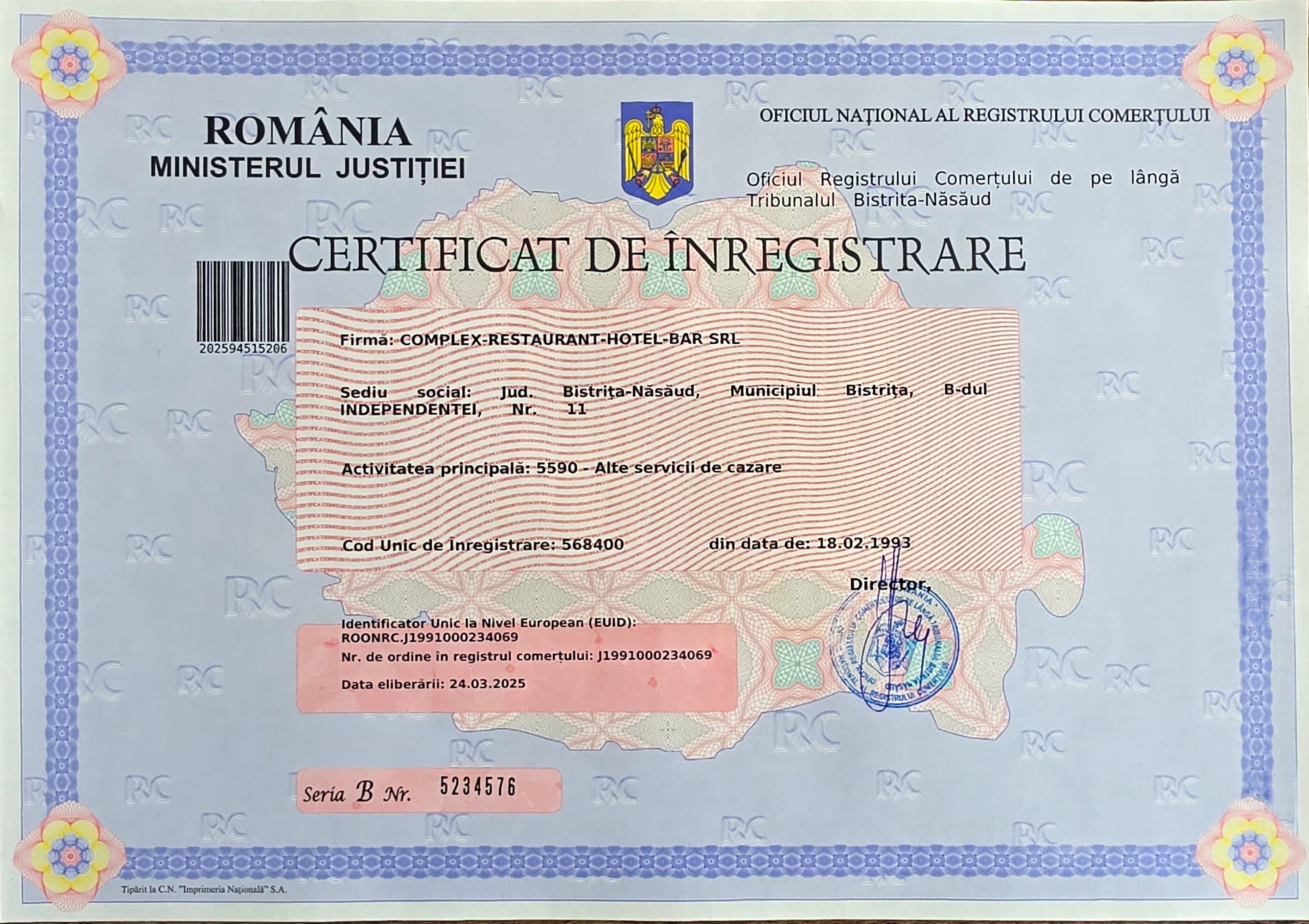 Certificat de înregistrare